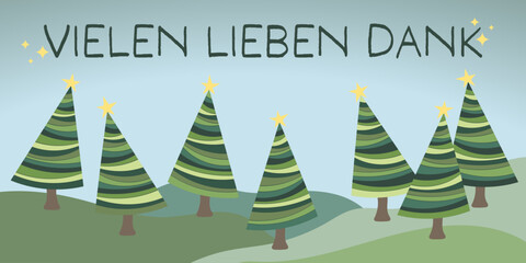 Sticker - Vielen lieben Dank - Schriftzug in deutscher Sprache. Dankeskarte mit Weihnachtsbäumen.
