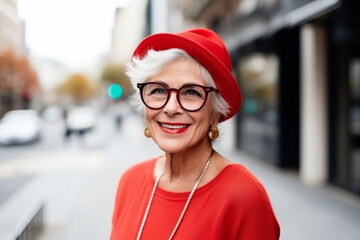 Poster - Portrait of smiling senior woman wearing red hat and scarf in the city