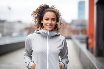 Poster - Portrait of a beautiful young woman with curly hair in a white jacket.