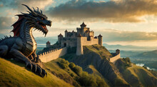 Majestic And Ancient Castle Fortified On A Craggy Hill, With A Formidable Dragon Perched Alongside, Symbolizing Strength And Impenetrable Security Against Any Intruders