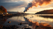 Industrial Factory Emitting Smoke By A Serene River At Sunset, With The Sky Ablaze And Reflections On Water.