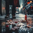 Fentanyl drug crisis, urban street. An addict standing next to a large pile of capsules scattered on the ground. Post apocalyptic modern city. Raining