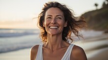 Beautiful Happy Smiling Middle Aged Woman On The Beach. AI Generated