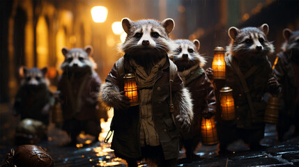 a group of raccoons with lanterns and in raincoats walk along the street of the city at night after the rain. illustration for a book or fairy tale. 