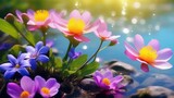 Fototapeta Kwiaty - spring vibrant nature with flowers and insect photo realistic wallpaper
