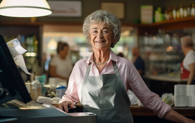 Wall Mural - Aged woman working as a cashier in the store, smiling