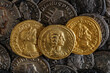 A treasure of Roman gold and silver coins.Trajan Decius. AD 249-251. AV Aureus.Ancient coin of the Roman Empire.Authentic silver denarius, antoninianus,aureus of ancient Rome.Antikvariat.
