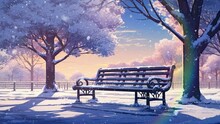 Bench In The Park When It Snows. Anime Art Style. Loop Animation. Lofi Music
