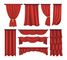 Red Curtains Set Collection, Set Realistic Luxury Curtain Cornice Decor Domestic Fabric Interior Drapery Textile Lambrequin, Luxury Theather Red Blind Curtain Stage. Vector Illustration