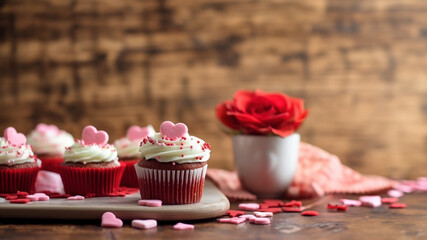 Wall Mural - Valentine's red velvet cupcakes with room for text created with Generative AI technology