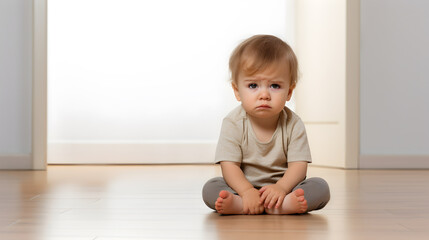 Sad and crying baby with mental trauma sitting on floor.