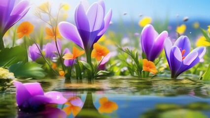 Wall Mural - spring vibrant nature with flowers and insect photo realistic wallpaper