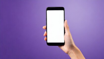 Hand using smartphone with blank screen, isolated on purple background 