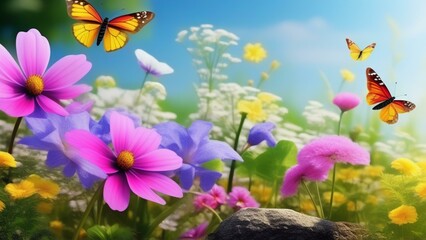 Wall Mural - spring vibrant nature with flowers and insect photo realistic wallpaper