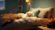 Inviting Bed Setup Adorned With Plush Cushions And An Adorable Pet, Exuding Tranquility