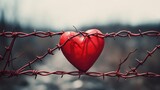 Fototapeta  - Love in Hardship: Heart Entwined with Barbed Wire. Generative ai