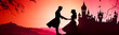 Silhouette of prince giving roses to princess on pink background