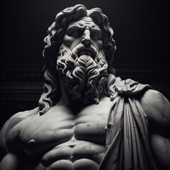 Handsome marble statue of powerful greek god Poseidon over dark background, The powerful king of the gods in ancient Greek religion. Bust of greek god . Ancient Greek mythology. Antique sculpture.