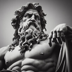 Handsome marble statue of powerful greek god Poseidon over dark background, The powerful king of the gods in ancient Greek religion. Bust of greek god . Ancient Greek mythology. Antique sculpture.