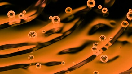 Poster - Neon bubbles are moving floating on liquid. Design. Moving bubbles on surface of abstract liquid. Animation with moving bubbles on surface of liquid with waves