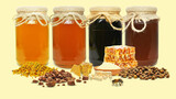Fototapeta  - honey, bee bread, pollen, royal jelly, propolis and wax isolated