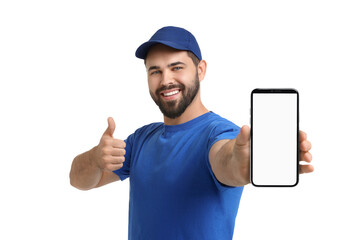 Happy courier holding smartphone with empty screen and showing thumbs up on white background
