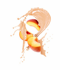 Sticker - Peach with splashing juice isolated on white