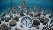 underwater scene with a clock, placed amidst dead coral and a sandy sea floor. The environment portrays a stark, barren underwater landscape