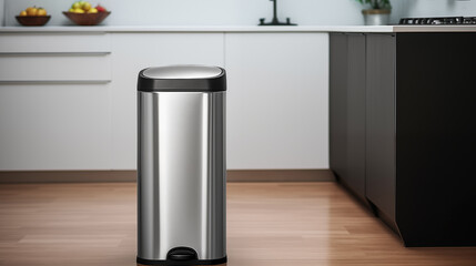 Stainless steel trash can in the kitchen.