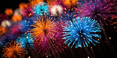 Wall Mural - colorful burst of fireworks in celebration. lit sparklers glowing bright with bokeh background. new 