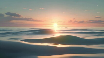 Wall Mural - Minimal animation of a calm ocean with gentle waves and a serene sunset, creating a peaceful and meditative atmosphere.