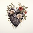 anatomical black heart with roses on white background