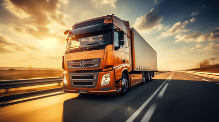 Wall Mural - Extreme close up of a truck driving down a highway at sunny day