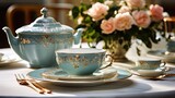Fototapeta  - Elegant porcelain dinner set. Luxury ceramics tableware setting