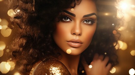 Wall Mural - Golden dressed woman with curly hair in gold light background