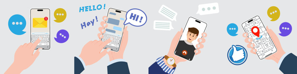 Poster - Hands holding a mobile phone with applications on the screen, video call, GPS Navigation, chat in the messenger and sending email. Finger touch on the smart phone screen. Vector.