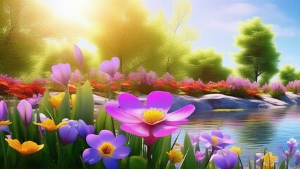 Wall Mural - spring vibrant nature with flowers and insect photo realistic wallpaper