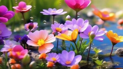 Wall Mural - spring vibrant nature with flowers and insect photo realistic wallpaper