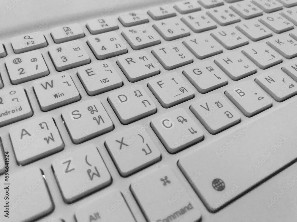 Computer gamer keyboard, all keys, vector illustration. Alphabets keys, game control keyboard buttons. Isometric keys with full control. 4k size. Wireless isolated keyboard.