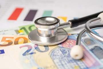 Wall Mural - Stethoscope with Euro banknote on charts and graphs spreadsheet paper, Finance, Account, Statistics, Investment, Analytic research data economy and Business company.