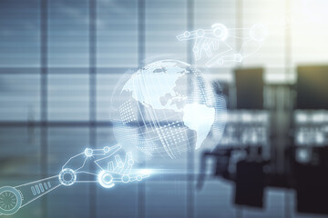 Aufkleber - Abstract virtual robotics technology hologram with globe sketch on a modern conference room background. Robot development and automation concept. Multiexposure