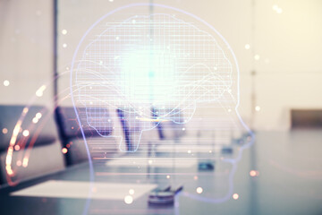 Aufkleber - Double exposure of creative human head microcircuit hologram on a modern boardroom background. Future technology and AI concept