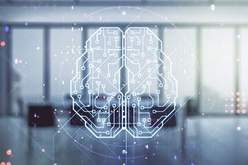 Aufkleber - Virtual creative artificial Intelligence hologram with human brain sketch on a modern conference room background. Multiexposure