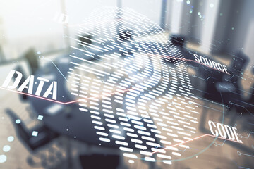Aufkleber - Double exposure of virtual creative fingerprint hologram on a modern boardroom background, protection of personal information concept