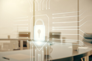 Aufkleber - Virtual creative lock illustration with microcircuit on a modern coworking room background, cyber security concept. Multiexposure
