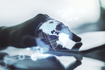 Aufkleber - Creative abstract robotics technology sketch with globe and hand working with a digital tablet on background, future technology and AI concept. Double exposure