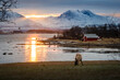 Renifer pasący się na polanie o zachodzie słońca, na tle jeziora i ośnieżonych szczytów górskich w Norwegii