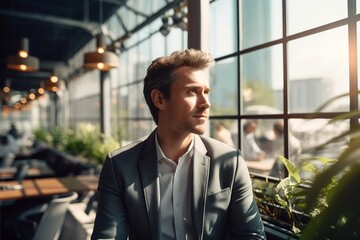 Poster - Generative AI : man enjoying the view out of the window in an open office