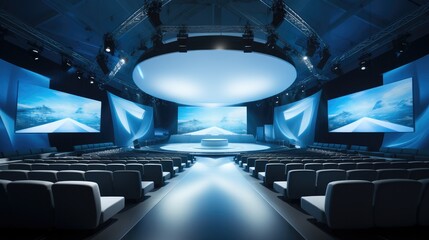 Poster - Stage for conference site with wide screen, Audience, Lighting, Stage, Business concept.