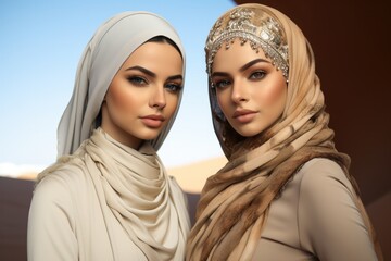 Wall Mural - Portrait of two beautiful model Arab women and fancy clothes. Generative AI.